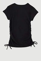 Girls Ribbed Knit Tee with Double Heart Rhinestone Necklace, Black, Size 7-8