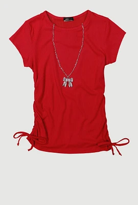 Girls Ribbed Knit Tee with Removable Rhinestone Bow Necklace, Red, Size 14-16