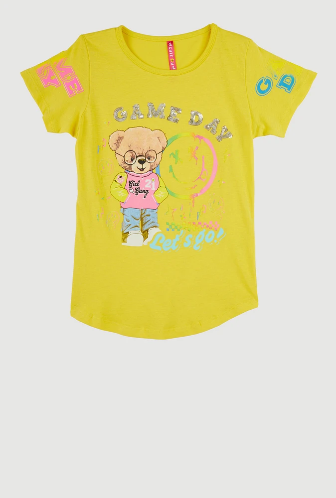 Girls Game Day Sequin Short Sleeve Graphic Tee, Yellow, Size 14-16