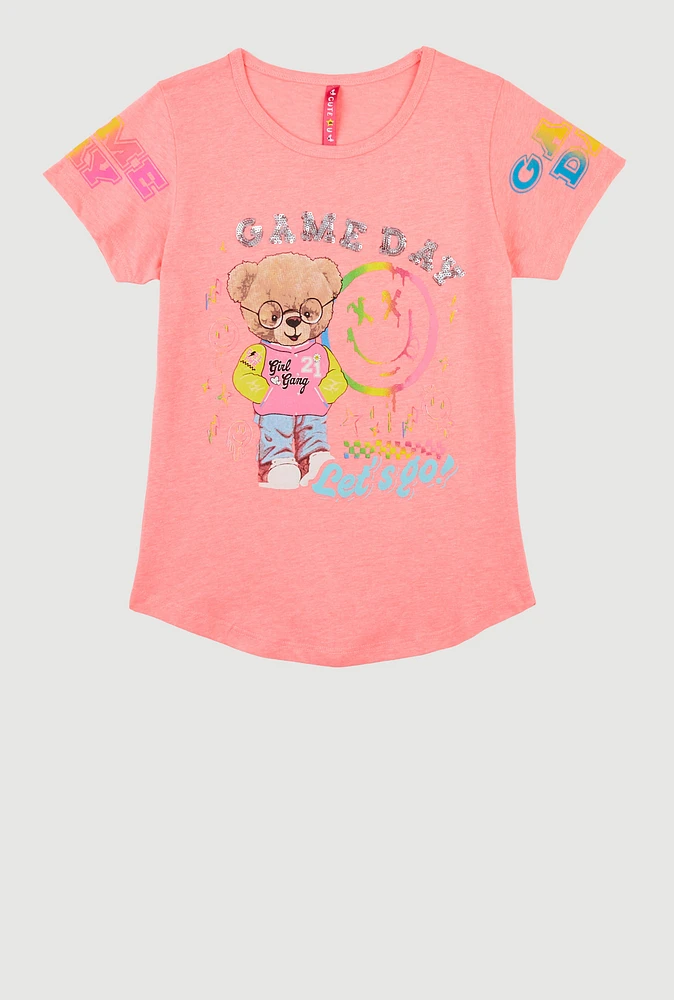 Girls Game Day Sequin Short Sleeve Graphic Tee,