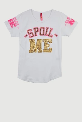 Girls Sequin Spoil Me Graphic Crew Neck T-Shirt, White, Size 10-12