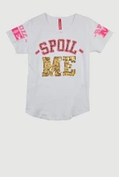 Girls Sequin Spoil Me Graphic Crew Neck T-Shirt, White, Size 10-12
