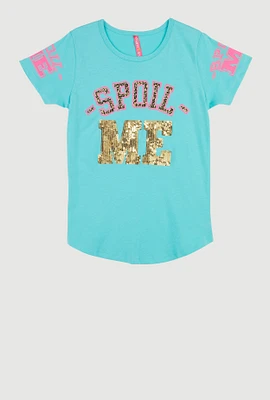 Girls Sequin Spoil Me Graphic Crew Neck T-Shirt, Blue, Size 10-12