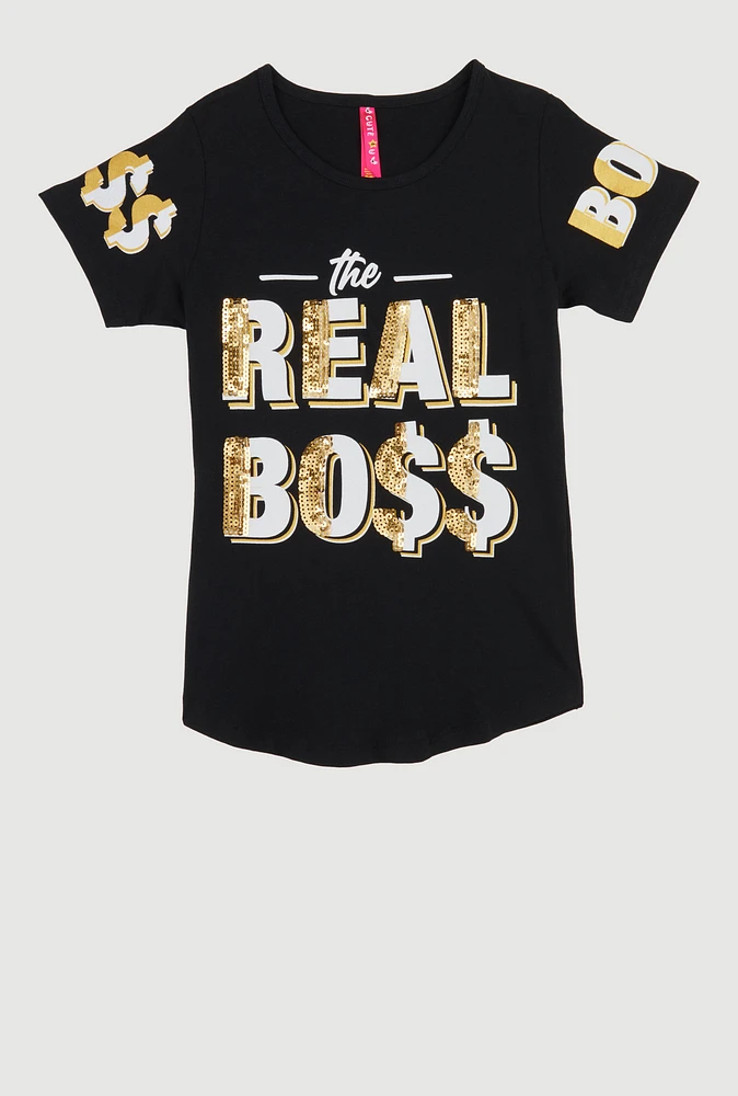 Girls Sparkly Sequin The Real Boss T Shirt, Black, Size 7-8