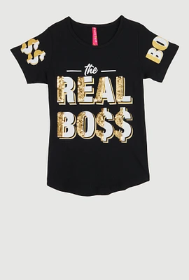 Girls Sparkly Sequin The Real Boss T Shirt, Black, Size 7-8