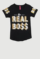 Girls Sparkly Sequin The Real Boss T Shirt, Black, Size 7-8