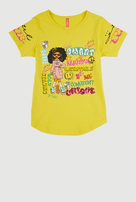 Girls Sequin Unique Graphic Short Sleeve T Shirt, Yellow, Size 7-8