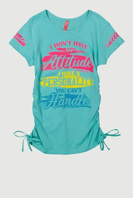 Stylish Girls Graphic T-Shirt with Faux Drawstring, Blue, Size 14-16