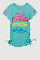 Stylish Girls Graphic T-Shirt with Faux Drawstring, Blue, Size 14-16