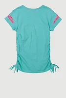 Stylish Girls Graphic T-Shirt with Faux Drawstring, Blue, Size 14-16