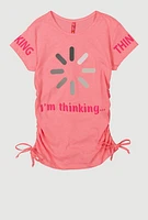 Girls Im Thinking Graphic T Shirt with Faux Drawstring and Ruching, Pink, Size 7-8