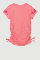 Girls Im Thinking Graphic T Shirt with Faux Drawstring and Ruching, Pink, Size 7-8