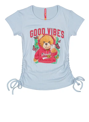 Girls Rib Knit Good Vibes Rhinestone Graphic Tee, Blue, Size 7-8