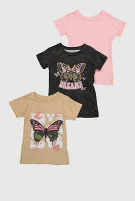 Girls Butterfly Graphic Glitter Tees 3 Pack, Multi, Size 14-16