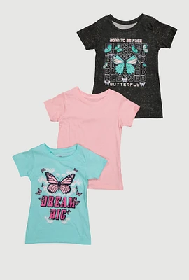 Girls Trendy Butterfly Graphic Glitter Tops 3 Pack, Multi, Size 7-8