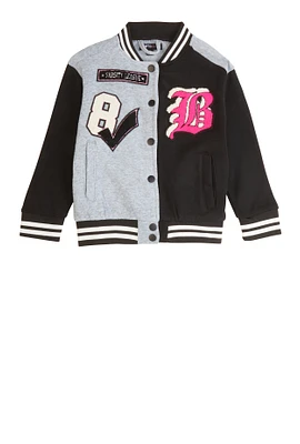 Little Girls B Initial Chenille Patch Varsity Jacket, Grey, Size 6X