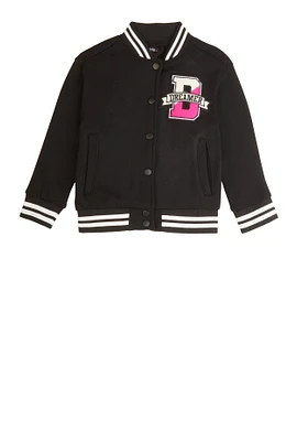 Little Girls Dreamer Bear Chenille Patch Varsity Jacket, Black, Size 6X