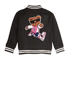Little Girls Dreamer Bear Chenille Patch Varsity Jacket, Black, Size 4