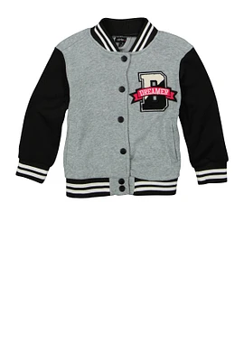 Little Girls Dreamer Bear Chenille Patch Varsity Jacket, Grey,