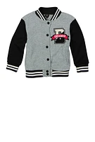 Little Girls Dreamer Bear Chenille Patch Varsity Jacket, Grey,
