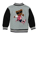 Little Girls Dreamer Bear Chenille Patch Varsity Jacket, Grey,