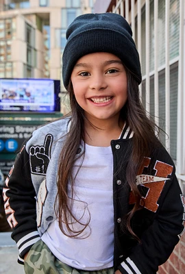 Little Girls Love Graphic Chenille Patch Varsity Jacket, Grey, Size 4