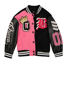 Little Girls Glitter Queen Chenille Patch Varsity Jacket, Pink, Size 5-6