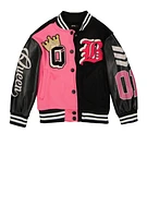 Little Girls Glitter Queen Chenille Patch Varsity Jacket, Pink, Size 4