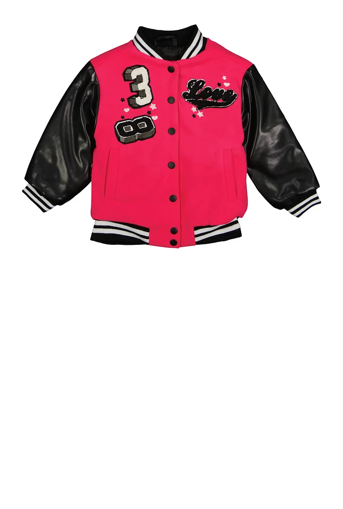 Little Girls Love Chenille Patch Varsity Jacket, Pink, Size 6X