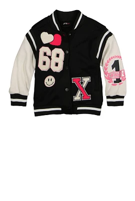 Little Girls 68 Graphic Chenille Patch Varsity Jacket, Black, Size 5-6