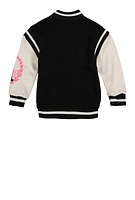 Little Girls 68 Graphic Chenille Patch Varsity Jacket, Black, Size 5-6