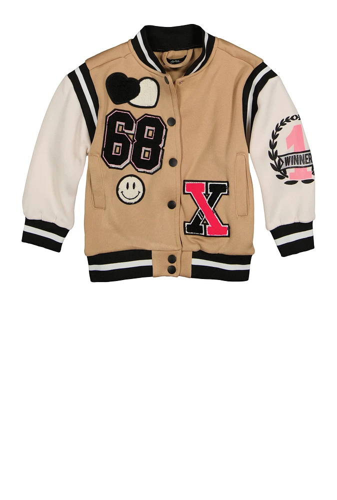 Little Girls 68 Graphic Chenille Patch Varsity Jacket, 4