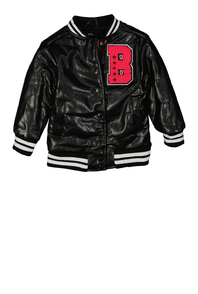 Little Girls B Initial Chenille Patch Faux Leather Jacket, Black, Size 4
