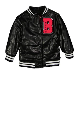 Little Girls B Initial Chenille Patch Faux Leather Jacket, Black, Size 4