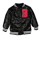 Little Girls B Initial Chenille Patch Faux Leather Jacket, Black, Size 4