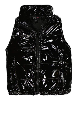 Little Girls Faux Patent Leather Puffer Vest, Black, Size 4