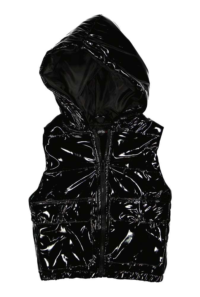 Little Girls Faux Patent Leather Hooded Puffer Vest, Black, Size 5-6