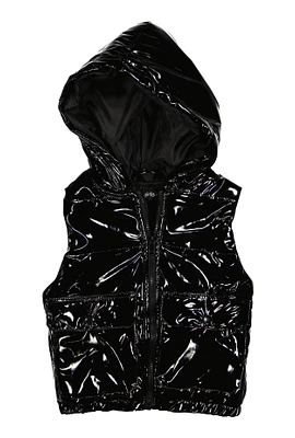 Little Girls Faux Patent Leather Hooded Puffer Vest, Black, Size 5-6