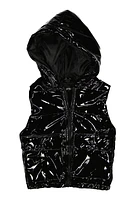 Little Girls Faux Patent Leather Hooded Puffer Vest, Black, Size 5-6