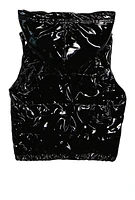 Little Girls Faux Patent Leather Hooded Puffer Vest, Black, Size 5-6
