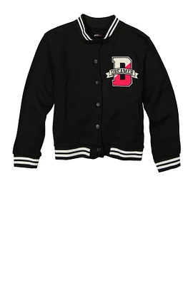 Girls Dreamer Bear Graphic Chenille Patch Varsity Jacket, Black, Size 10-12
