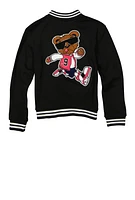 Girls Dreamer Bear Graphic Chenille Patch Varsity Jacket, Black, Size 10-12