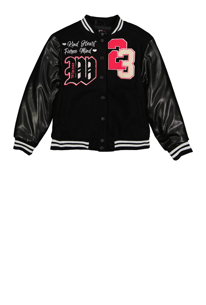 Girls Love 23 Chenille Patch Graphic Varsity Jacket, Black, Size 10-12