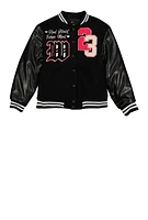 Girls Love 23 Chenille Patch Graphic Varsity Jacket, Black, Size 7-8