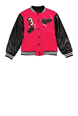 Girls Love 38 Chenille Patch Varsity Jacket, Pink, Size 10-12