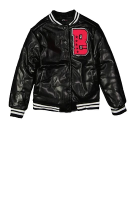 Girls B Initial Chenille Patch Faux Leather Jacket, Black, Size 10-12