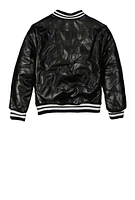 Girls B Initial Chenille Patch Faux Leather Jacket, Black, Size 10-12