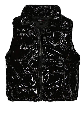 Girls Faux Patent Leather Puffer Vest, Black, Size 10-12