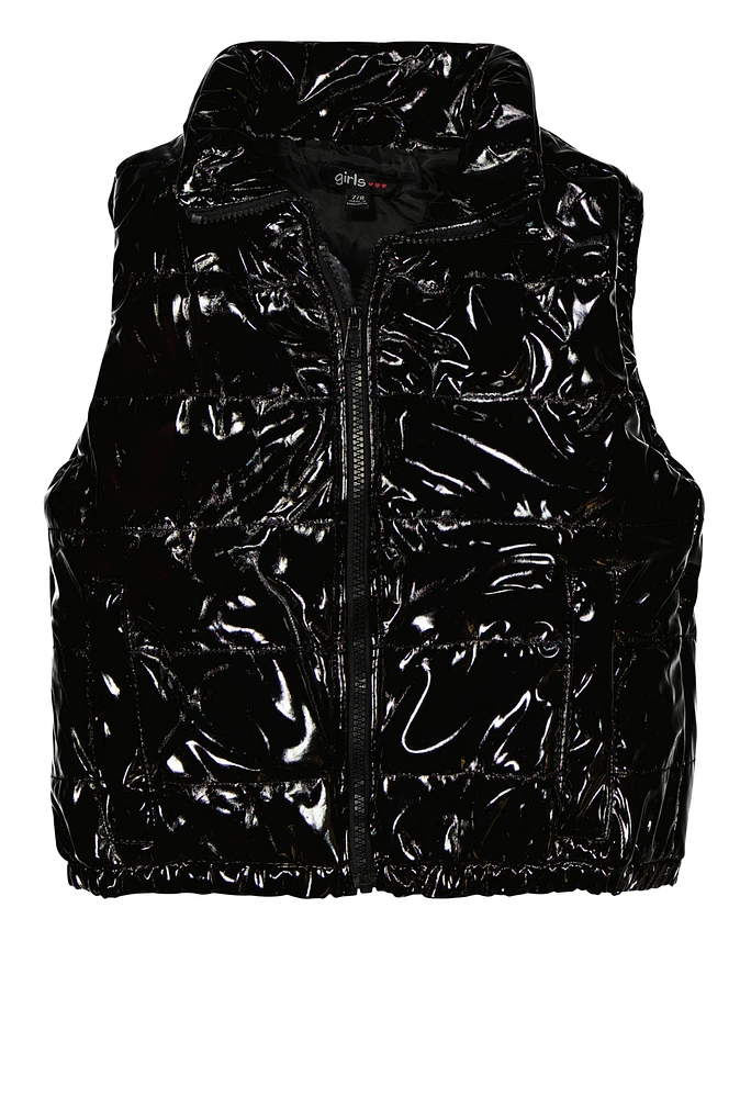 Girls Faux Patent Leather Puffer Vest, Black, Size 14-16