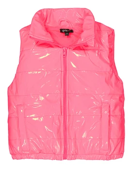 Girls Faux Patent Leather Puffer Vest, Pink, Size 10-12